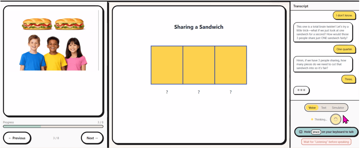 Simili app showing a student working through a fraction problem about sharing sandwiches